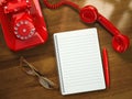 Vintage business concept. Retro telephone, notebook, pen and glasses on the table. Royalty Free Stock Photo