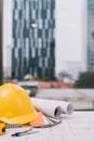 Vintage business desk of engineer contractor with equipment, blu Royalty Free Stock Photo