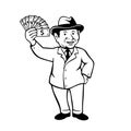 Vintage Businessman with a Wad of Dollar Bill Notes or Money Cartoon Black and White
