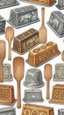 Vintage Butter Molds and Paddles Seamless Pattern on White Background Royalty Free Stock Photo