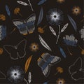 Vintage butterflies and flower in hand drawn paint polka dots ,brush,line,stripe,dash pattern with sketch mood seamless pattern v