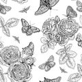 Vintage butterfly and roses vector seamless background