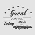 Vintage cadillac car with text for journey. Graphic print for T-shirts, logos, mugs, posters