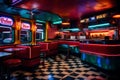 A vintage cafe featuring a neon sign and a checkerboard floor. Royalty Free Stock Photo