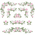 Vintage calligraphic vignettes with pink roses. Royalty Free Stock Photo
