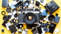 Vintage camera amidst broken film, yellow background Royalty Free Stock Photo