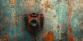 A vintage camera is attached to a weathered, rusty wall Royalty Free Stock Photo