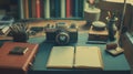 Vintage Camera on Desk Surrounded by Stationery and Notebooks Royalty Free Stock Photo