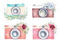 Vintage camera and floral bouquets watercolor set. Handmade clipart isolated on white background Royalty Free Stock Photo