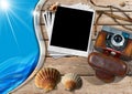 Vintage Camera with Instant Photos and Seashells Royalty Free Stock Photo