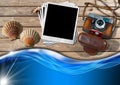 Vintage Camera with Instant Photos and Seashells Royalty Free Stock Photo