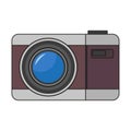 Vintage camera with large lens. Retro photography equipment. Burgundy and silver design. Vector illustration. EPS 10.