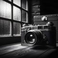 A vintage camera lying on a shelf, detailed, realistic, monochromatic, cinematic, loneliness, windows, rain