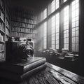 Vintage camera in an old library. Leisure and forgotten past. Nostalgia and loneliness.