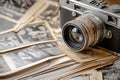 A vintage camera paired with an array of old photographs beautifully displayed on a table. Generative AI Royalty Free Stock Photo