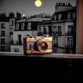 Vintage Camera and Parisian Rooftops at Night. Generative AI