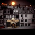 Vintage Camera and Parisian Rooftops at Night. Generative AI