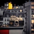 Vintage Camera and Parisian Rooftops at Night. Generative AI Royalty Free Stock Photo