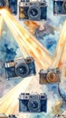 Vintage Camera Pattern with Light Streaks and Watercolor Texture Royalty Free Stock Photo