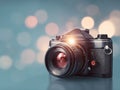 Vintage camera on reflective surface against bokeh backdrop, centered and prominent Camera features multiple buttons, dials, and Royalty Free Stock Photo
