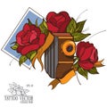 Vintage camera and roses. Colorful picture old camera and a bouquet of roses. Tattoo. Color illustration
