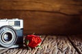 Vintage camera with roses on old wood background.