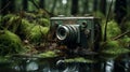 Abandoned Camera In Mossy Water: A Nature-inspired Camouflage