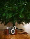 Vintage camera under bare artificial christmas tree Royalty Free Stock Photo