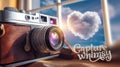 Vintage camera on a windowsill with a heart-shaped cloud in the sky and text Capture Whimsy in artistic font Royalty Free Stock Photo