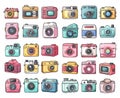 Vintage cameras bundle. Retro hipster devices, hand drawn style gadgets, nostalgic pack, splendid vector elements for Royalty Free Stock Photo