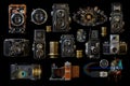 Vintage cameras.A collage of vintage cameras on a black background.