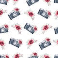 Vintage cameras and floral watercolor clipart seamless pattern. Hand drawn digital paper background