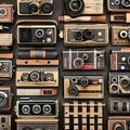 1518 Vintage Cameras: A retro and photography-themed background featuring vintage cameras, film reels, and retro photography acc