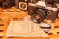 Vintage cameras from the times of the USSR on the table Royalty Free Stock Photo