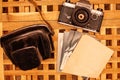 Vintage cameras from the times of the USSR on wooden the table Royalty Free Stock Photo