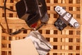 Vintage cameras from the times of the USSR on wooden the table Royalty Free Stock Photo