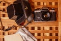 Vintage cameras from the times of the USSR on wooden the table Royalty Free Stock Photo