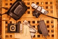 Vintage cameras from the times of the USSR on the wooden table Royalty Free Stock Photo