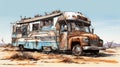 Rusty Rv In Desert Detailed Comic Book Art By Bsl