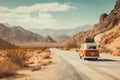Vintage camper van on the road in the desert of Egypt, Adventure desert road explore vibe, AI Generated Royalty Free Stock Photo