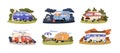 Vintage campers car outdoors set. Holiday caravans, travel vans. Retro motorhomes for camping in nature. Auto home on