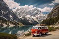 Vintage campervan finds its idyllic resting spot against the backdrop of a breathtaking mountain landscape. Ai generated