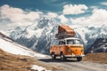 Vintage campervan finds its idyllic resting spot against the backdrop of a breathtaking mountain landscape. Ai generated