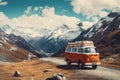 Vintage campervan finds its idyllic resting spot against the backdrop of a breathtaking mountain landscape. Ai generated