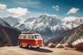 Vintage campervan finds its idyllic resting spot against the backdrop of a breathtaking mountain landscape. Ai generated