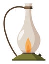 Vintage camping lantern or oil lamp. Handle gas lamps for tourist hiking. Flame glow camp fuel burn isolated on white