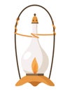 Vintage camping lantern or oil lamp. Handle gas lamps for tourist hiking. Flame glow camp fuel burn isolated on white