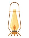 Vintage camping lantern or oil lamp. Handle gas lamps for tourist hiking. Flame glow camp fuel burn isolated on white