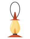 Vintage camping lantern or oil lamp. Handle gas lamps for tourist hiking. Flame glow camp fuel burn isolated on white