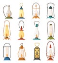 Vintage camping lantern set. Different oil lamp collection. Various handle gas lamps for tourist hiking. Flame glow camp